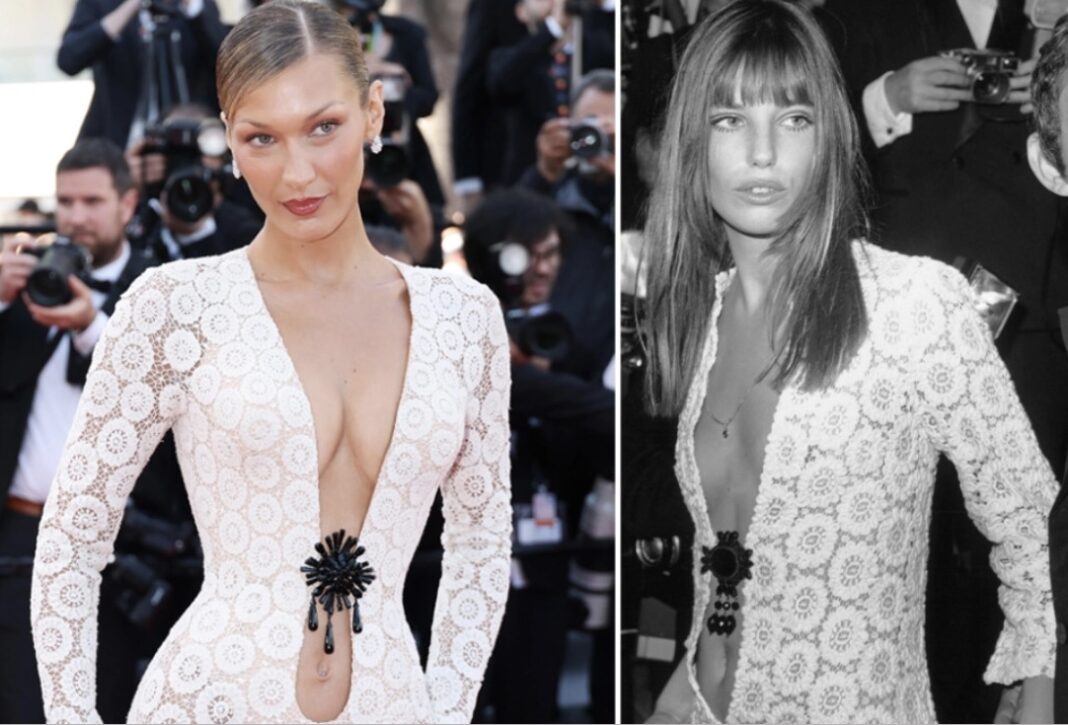 Bella Hadid në Kanë me një fustan të frymëzuar nga pamja e Jane Birkin në vitin 1969